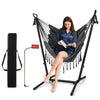 Height adjustable gray hammock chair with phone holder and side pocket, perfect for indoor and outdoor relaxation.