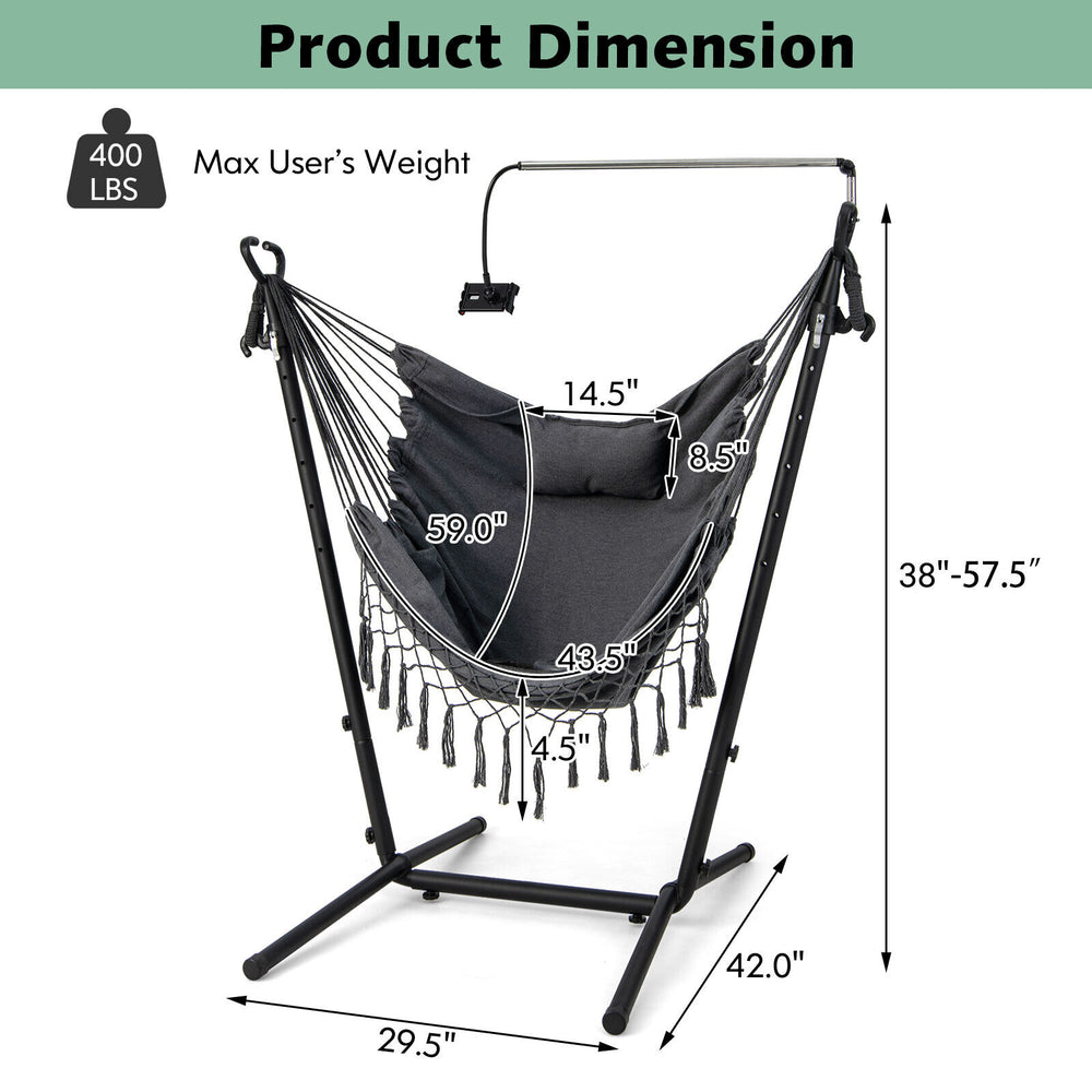 Height adjustable hammock chair in gray with phone holder, side pocket, and sturdy metal frame for indoor or outdoor.