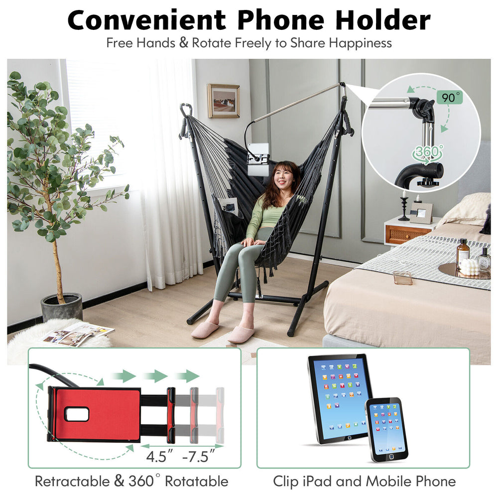 Height adjustable hammock chair in gray with a 360° rotatable phone holder and side pocket for indoor and outdoor use.