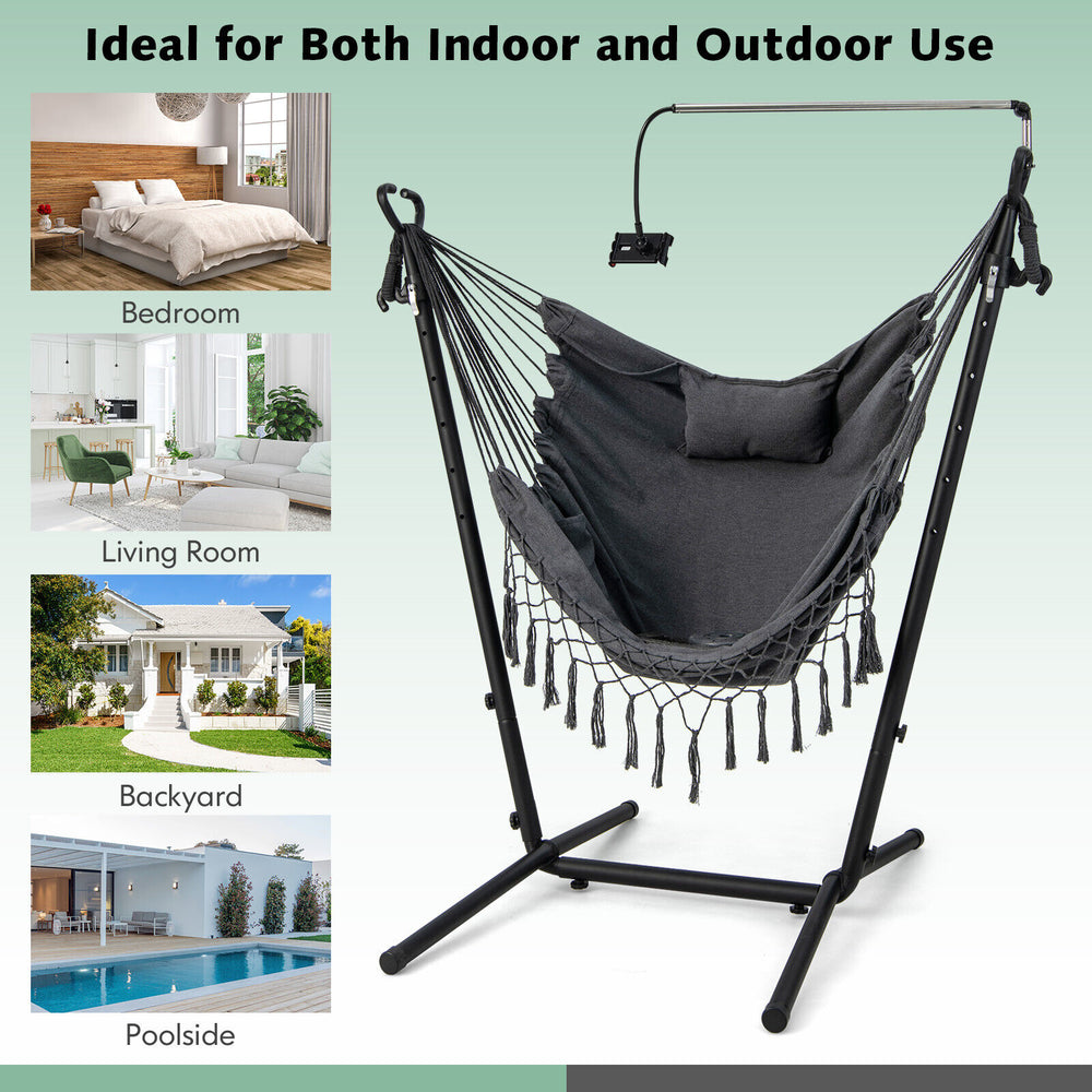 Height adjustable gray hammock chair featuring a humanized pillow and sturdy metal frame, ideal for indoor and outdoor.
