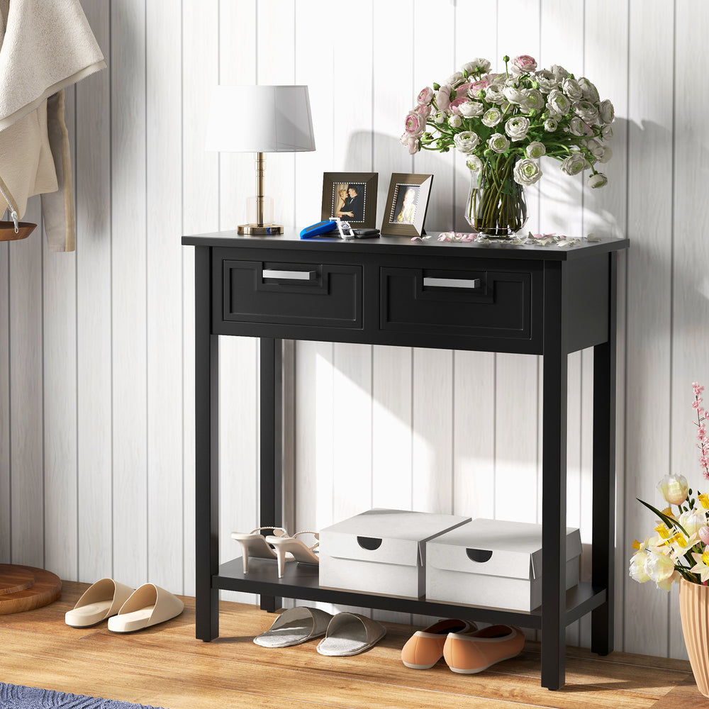 Narrow Console Table with Drawers and Open Storage Shelf-Black - Gallery View 1 of 10