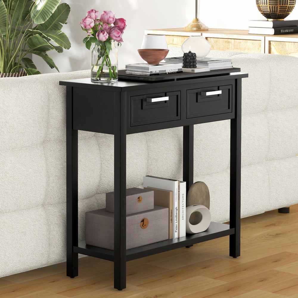 Narrow black console table with two drawers and open storage shelf, ideal for foyer or living room decor.