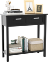 Narrow black console table with two drawers and open storage shelf, ideal for decor and organization in any space.