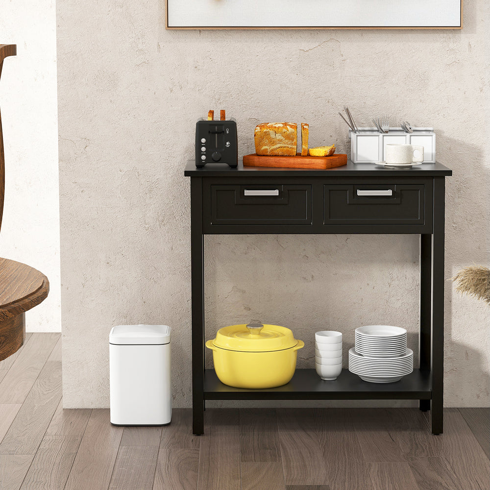 Narrow black console table with two drawers and open shelf, perfect for storage and display in any entryway or living.