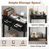 Narrow black console table with drawers and open shelf, ideal for displaying photos and books in any entryway.