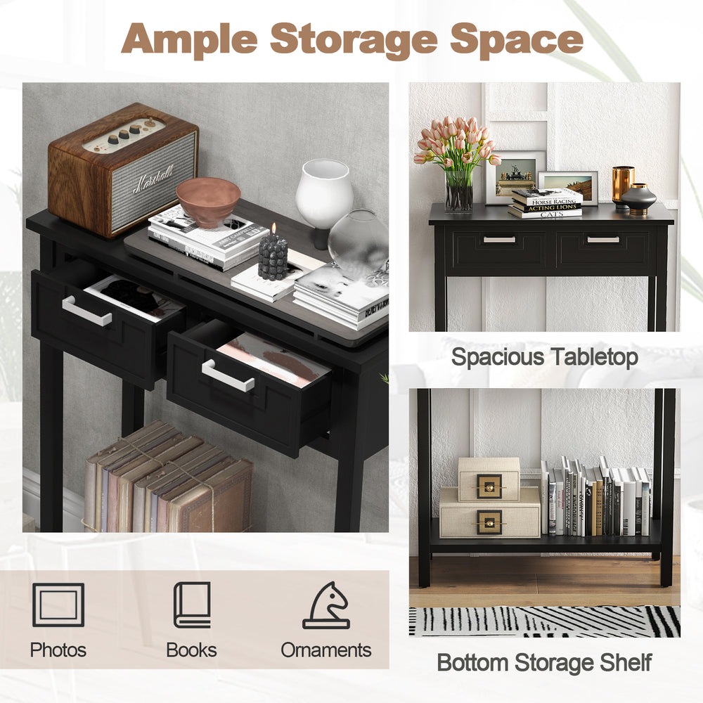 Narrow black console table with drawers and open shelf, ideal for displaying photos and books in any entryway.