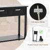 Narrow black console table featuring anti-tipping device, two drawers, and open storage shelf for versatile use.