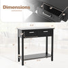Narrow black console table with two drawers and open storage shelf, featuring dimensions for easy placement in any.