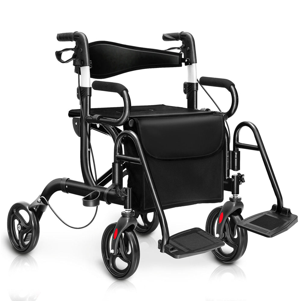 Folding rollator walker with 8-inch wheels, black aluminum frame, padded seat, and adjustable height for mobility.