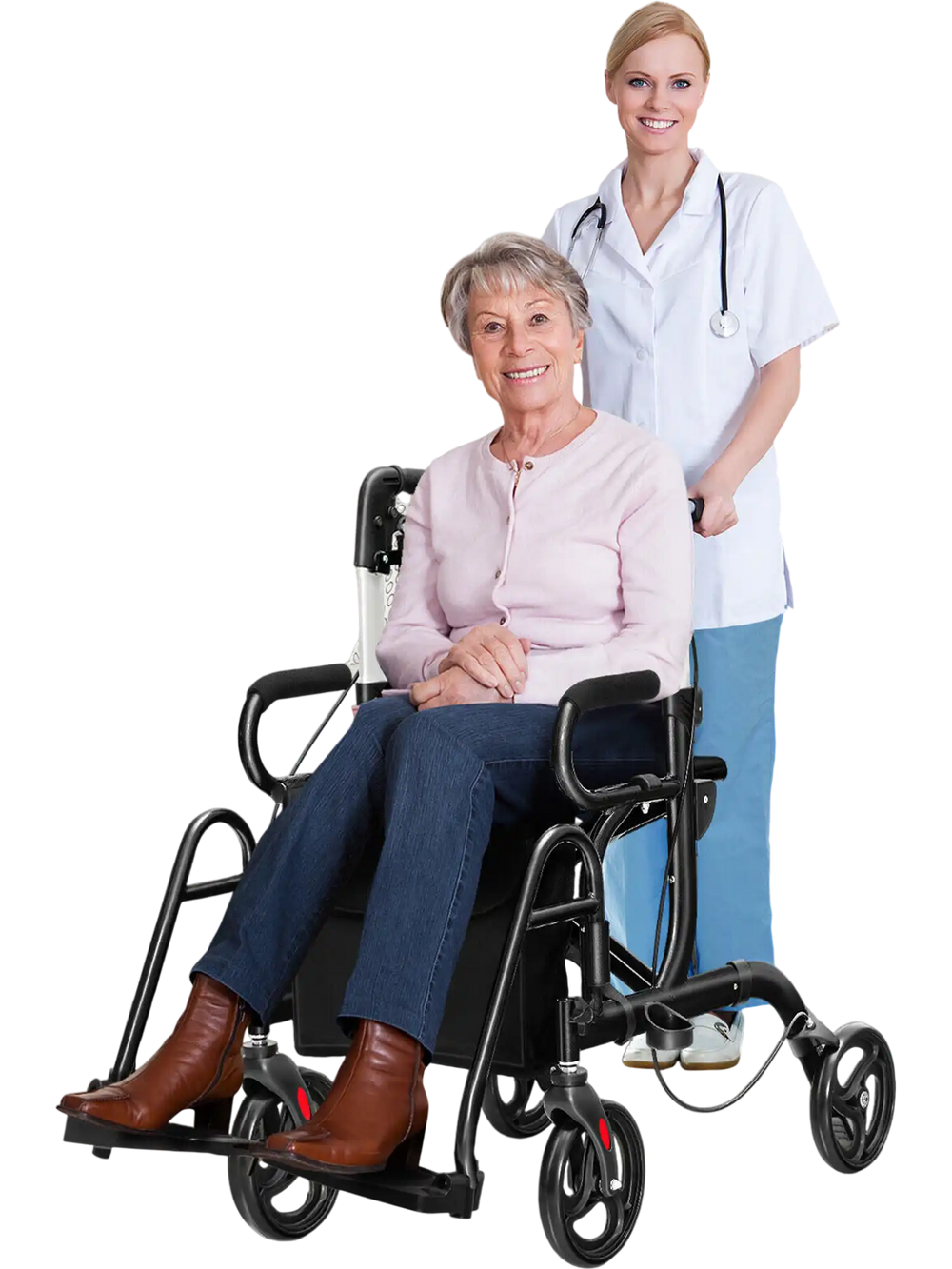 Folding rollator walker with 8-inch wheels, adjustable height, and reversible backrest for seniors and limited mobility.