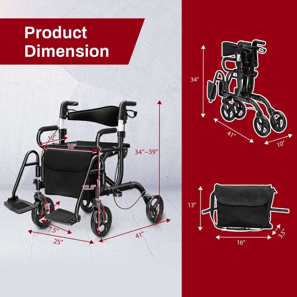 Folding rollator walker with 8-inch wheels, adjustable height, and detachable storage bag for mobility support.