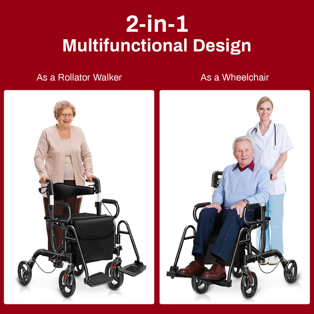 Folding rollator walker with 8-inch wheels, adjustable height, and reversible backrest, ideal for mobility assistance.