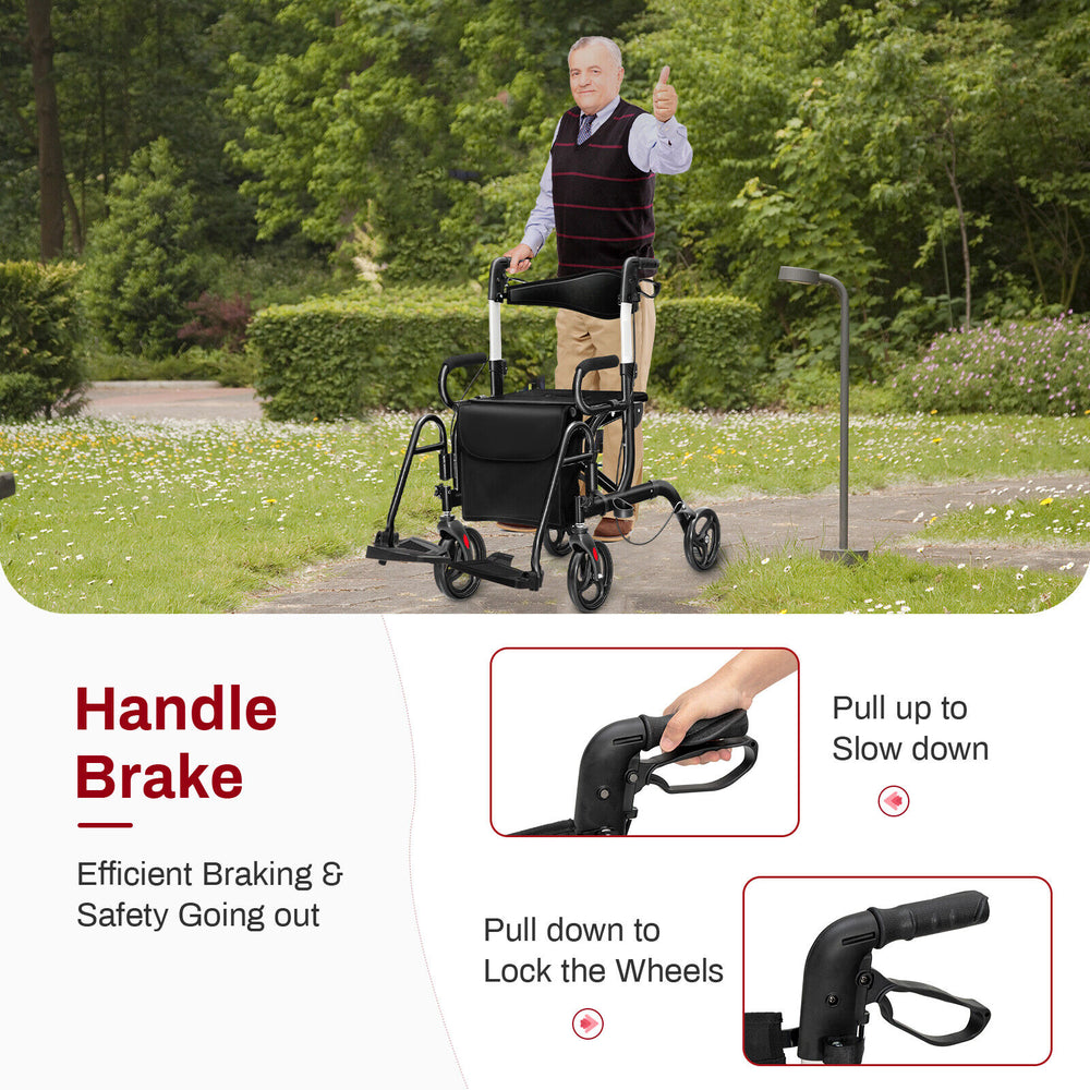 Folding rollator walker with 8-inch wheels, adjustable handle, and seat, ideal for seniors and those with limited.