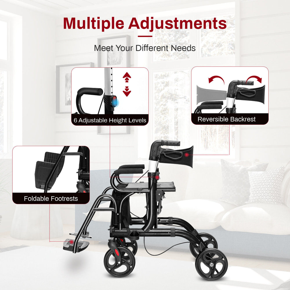 Folding rollator walker with 8-inch wheels, adjustable height, reversible backrest, and foldable footrests for mobility.