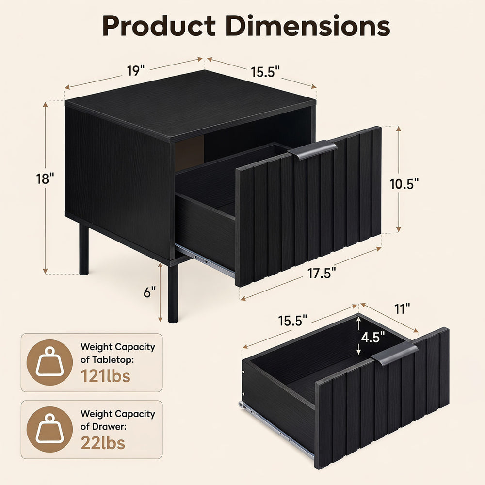 Black modern nightstand featuring a vertical-striped storage drawer, compact design, and heavy-duty legs for stability.