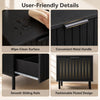 Black modern nightstand featuring a fluted design, wipe-clean surface, and smooth sliding drawer for convenient storage.