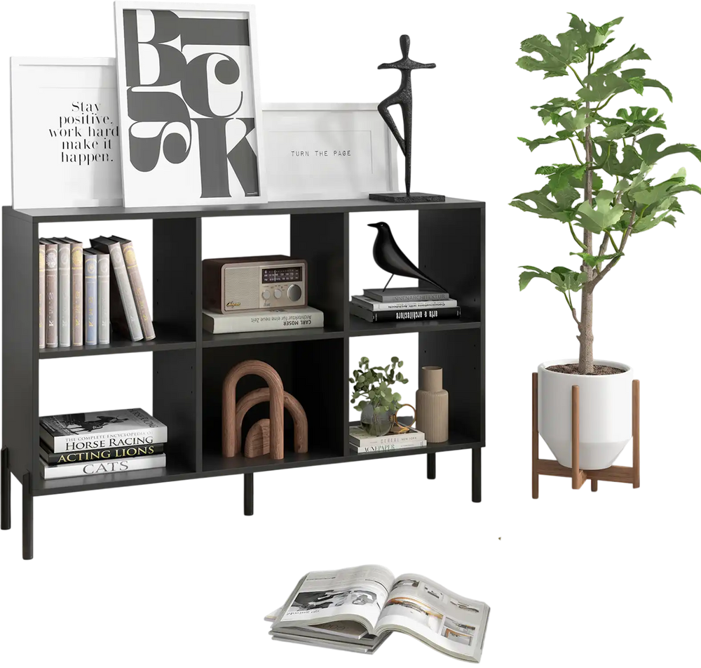 Open-back black bookshelf with 7 tiers and a drawer, ideal for study or office storage and easy maintenance.