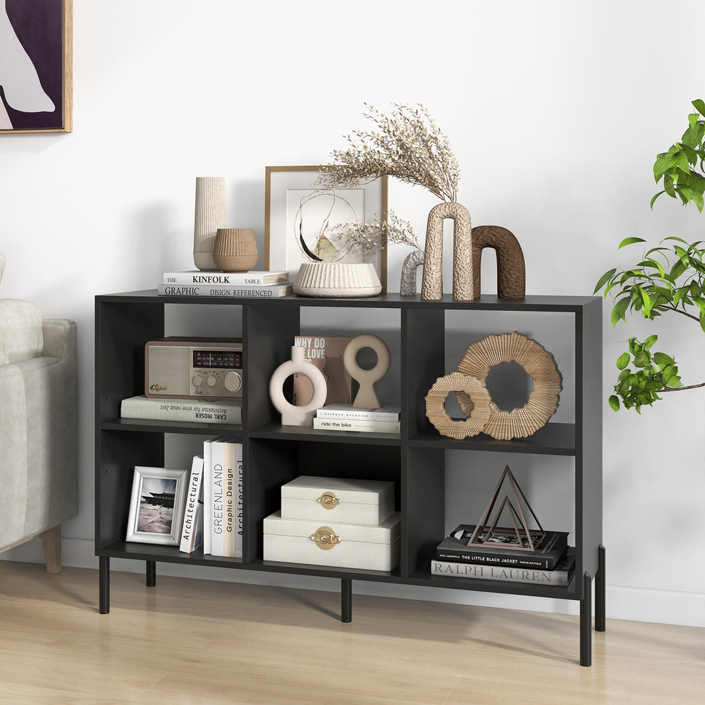Open-back bookshelf in black with 7-tier shelves and a drawer, perfect for study or office organization.