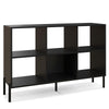 Open-back bookshelf in black with six shelves and one large drawer, ideal for study or office storage.