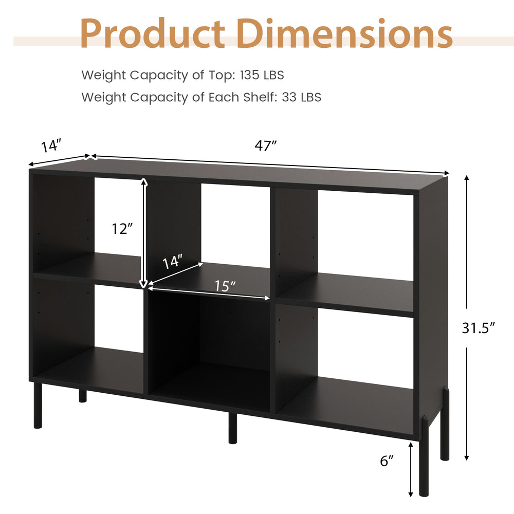 Open-back bookshelf in black with dimensions, featuring 7-tier shelves and a large storage drawer for versatile use.