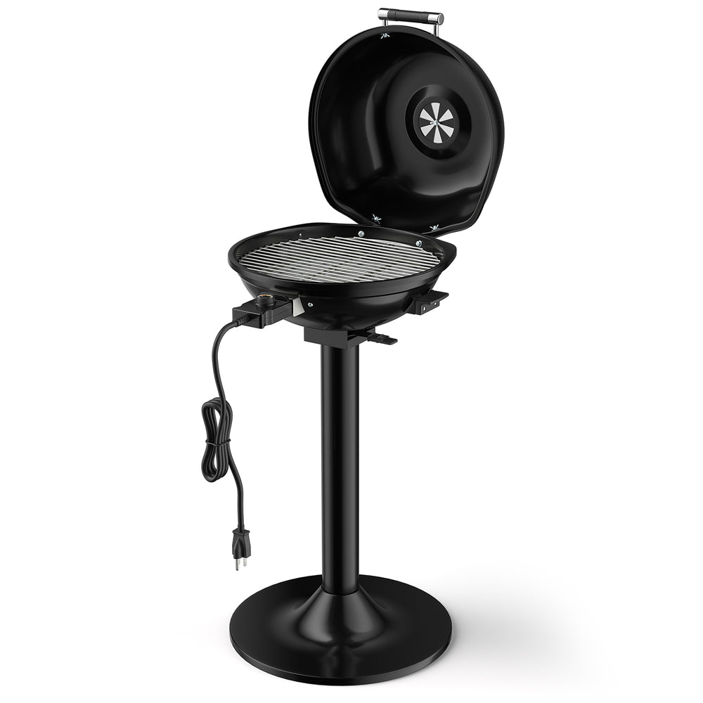 Portable electric BBQ grill with a sturdy base and anti-scalding handle, perfect for tailgating and outdoor events.