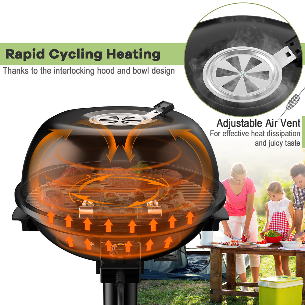 Portable electric BBQ grill with removable non-stick rack, 1600W, adjustable air vent for juicy cooking, ideal for.