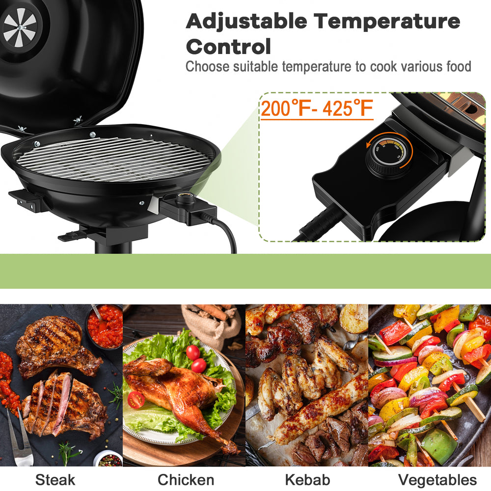 Portable electric BBQ grill with removable non-stick rack, adjustable temperature 200℉-425℉, ideal for outdoor cooking.