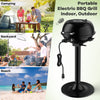Portable electric BBQ grill in black with removable non-stick rack, ideal for camping, backyard, and beach gatherings.