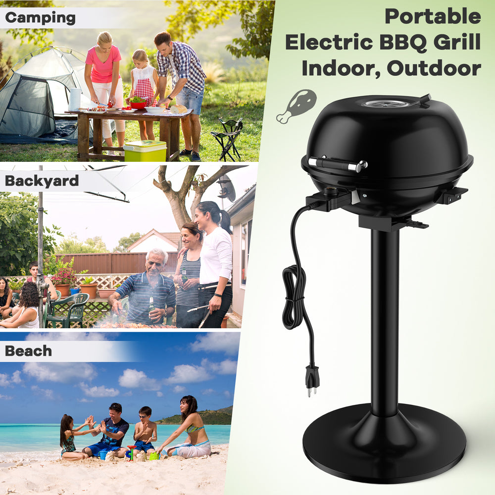 Portable electric BBQ grill in black with removable non-stick rack, ideal for camping, backyard, and beach gatherings.