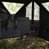 Foldable black swivel patio chair with armrest and mesh back, ideal for outdoor hunting and stable on any terrain.