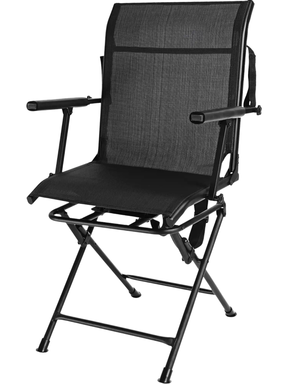 Foldable swivel patio chair in black with armrest and breathable mesh back, ideal for outdoor comfort and stability.