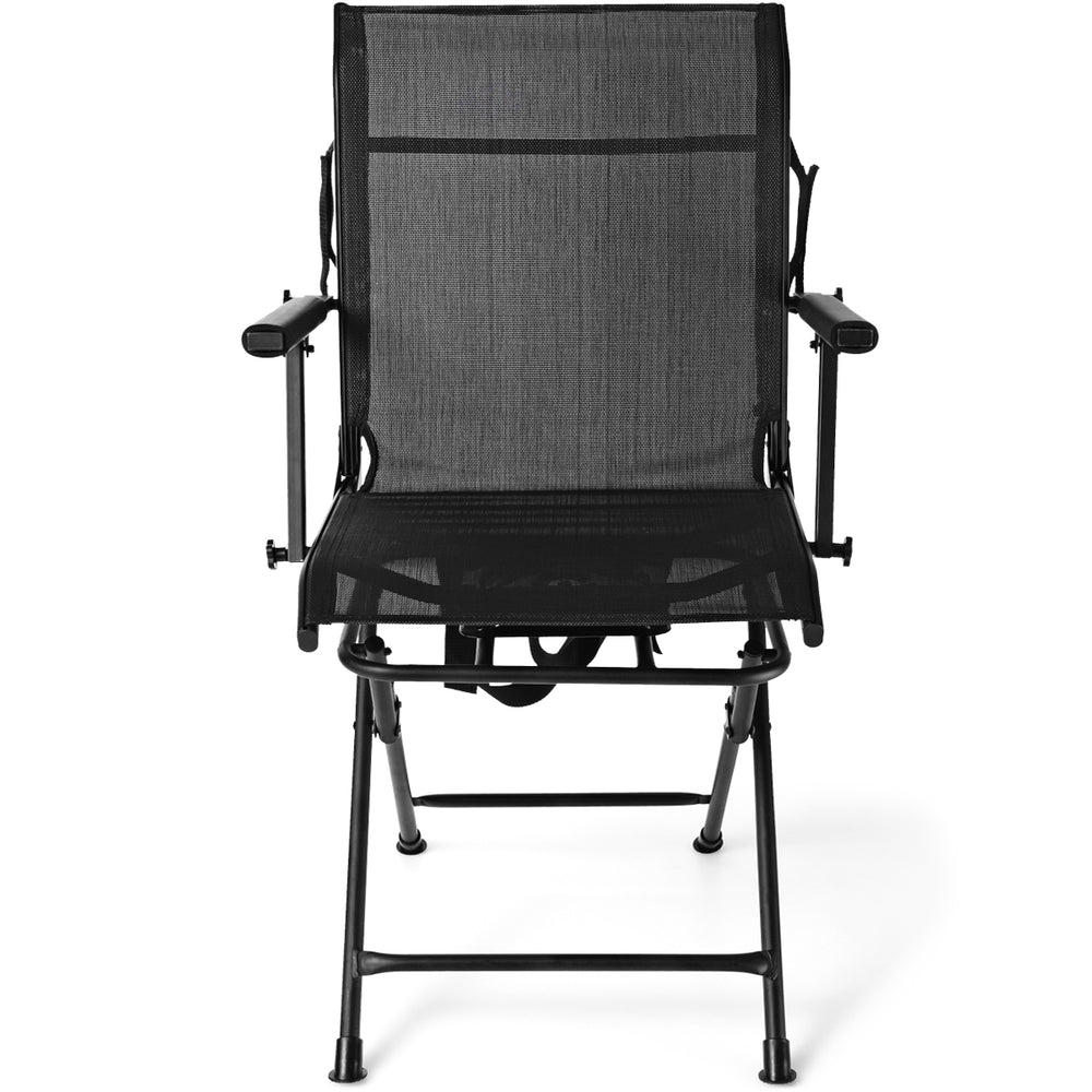 Foldable swivel patio chair in black with armrests and mesh back, designed for comfort and stability outdoors.