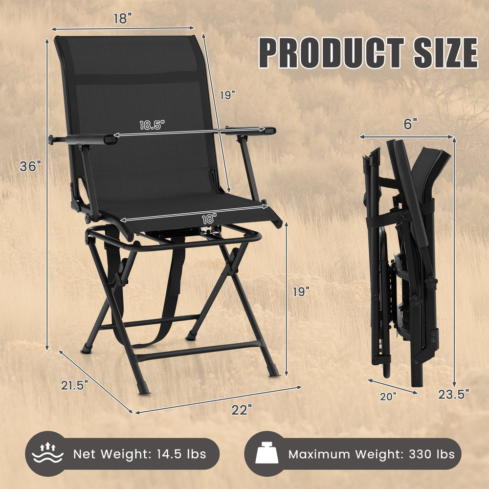 Foldable swivel patio chair with armrest, black mesh back, dimensions 22" x 19" x 36", supports up to 330 lbs.