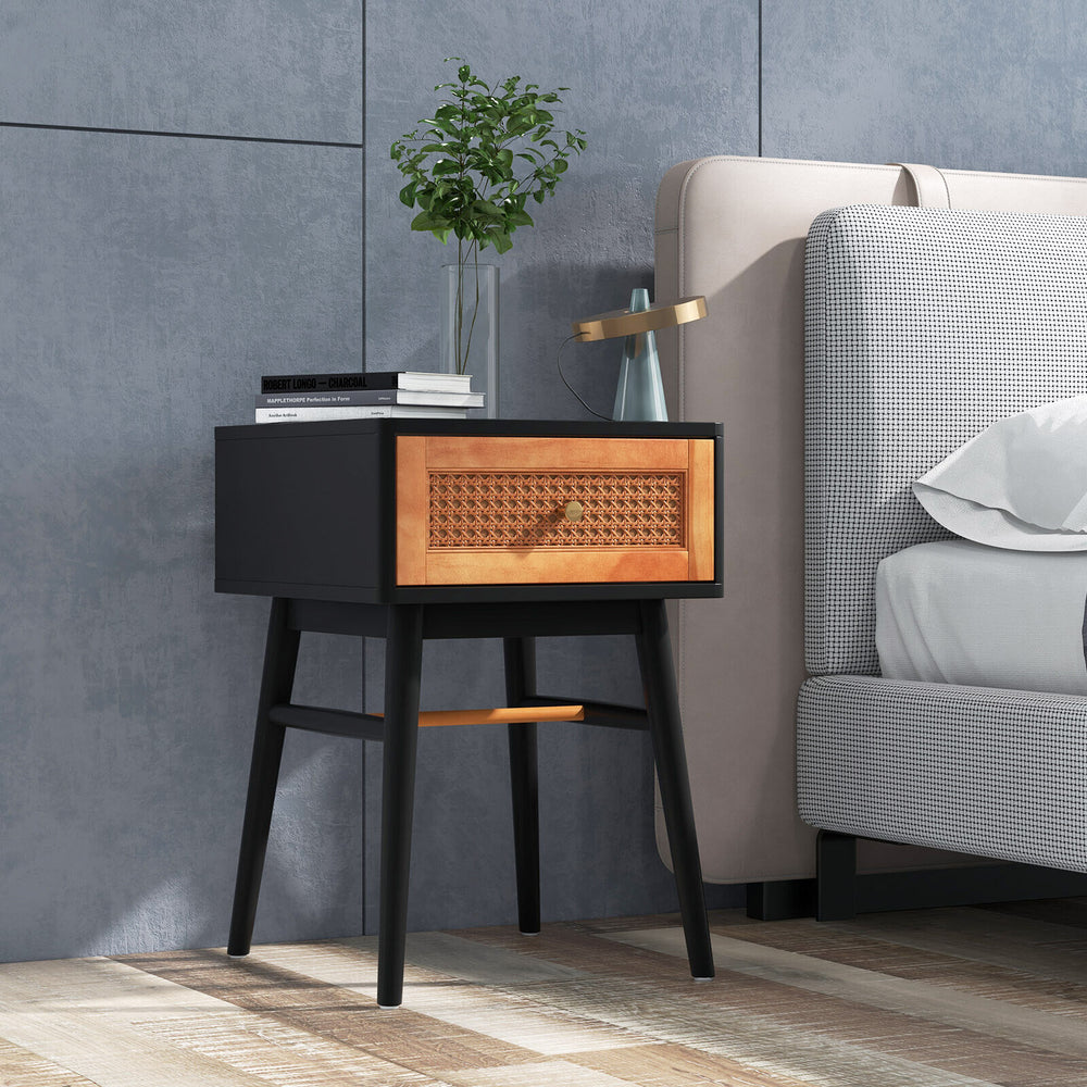 1-Drawer Modern Bedside Table with Solid Wood Legs-Black - Gallery View 1 of 9