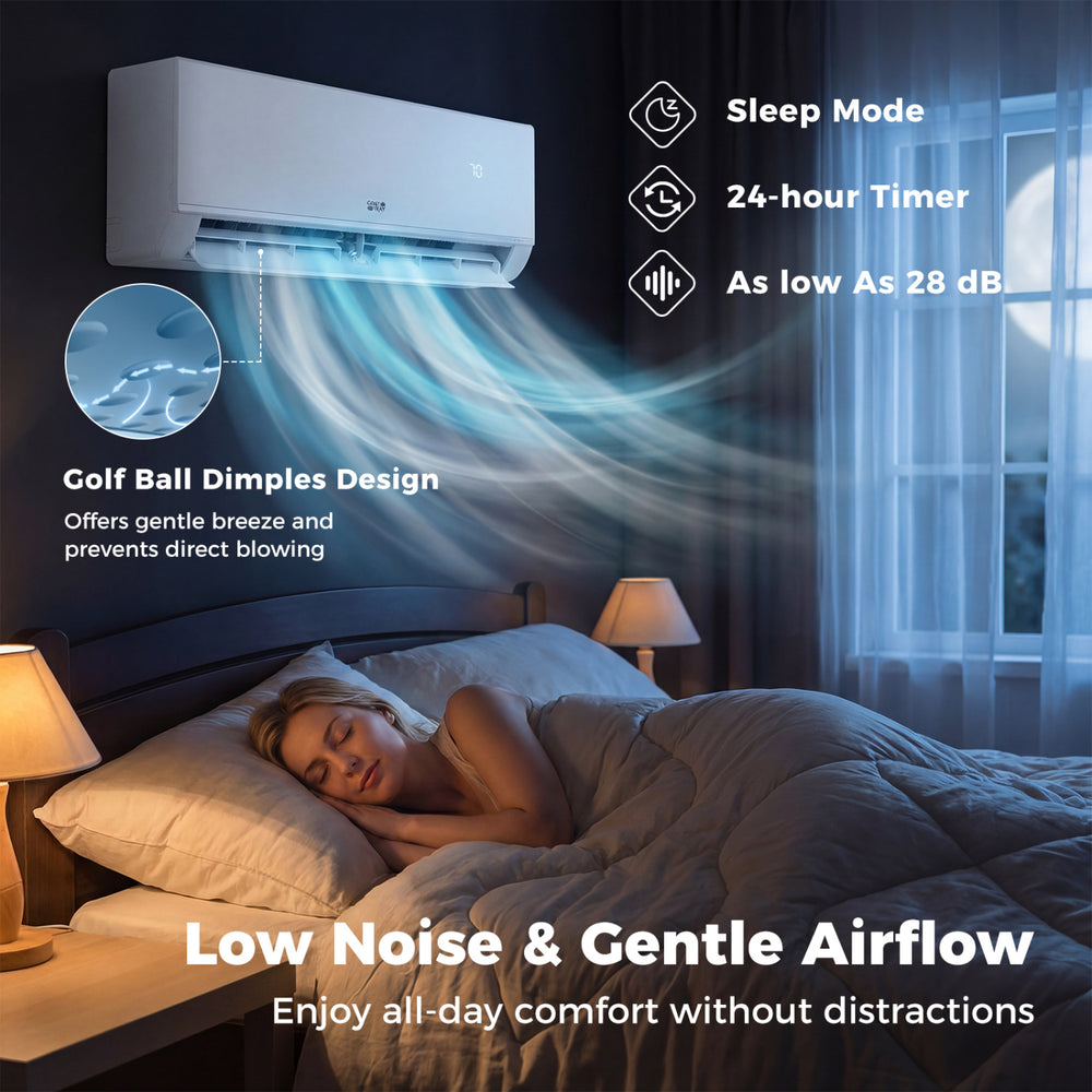 Mini Split AC unit with Golf Ball Dimples Design, offering low noise operation and gentle airflow for comfortable sleep.