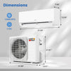 Mini split air conditioner and heater, 12000 BTU, 115V, featuring dimensions for installation and efficient inverter.