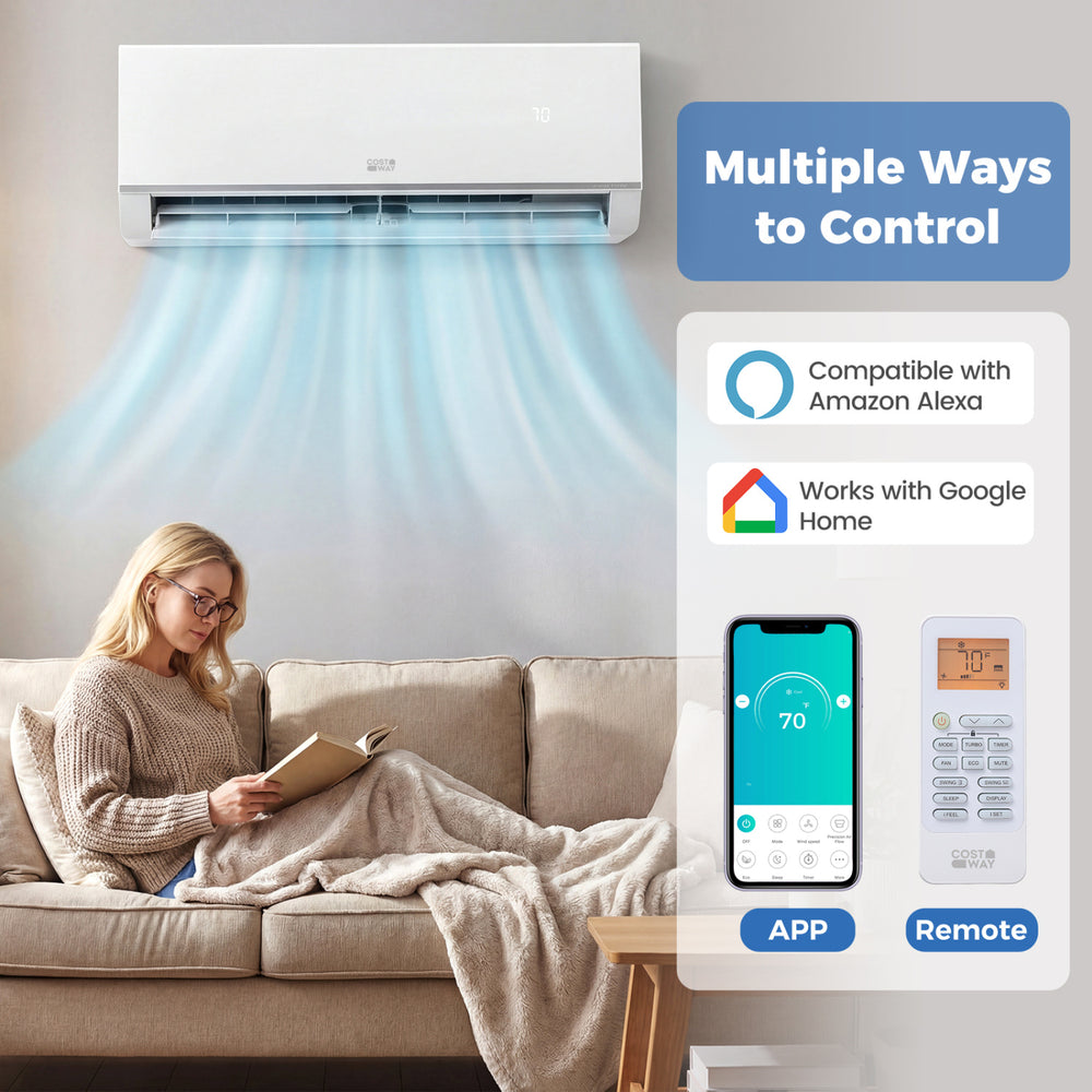 Mini split air conditioner and heater with remote and app control, featuring 24000 BTU capacity and 7 modes for.
