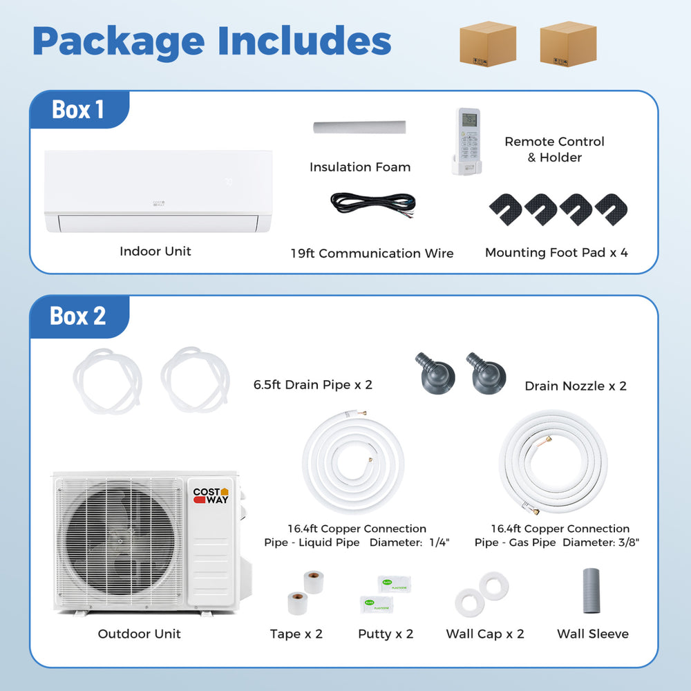 Indoor and outdoor units of the Blast Pro Series 24000 BTU mini split air conditioner with remote control and.