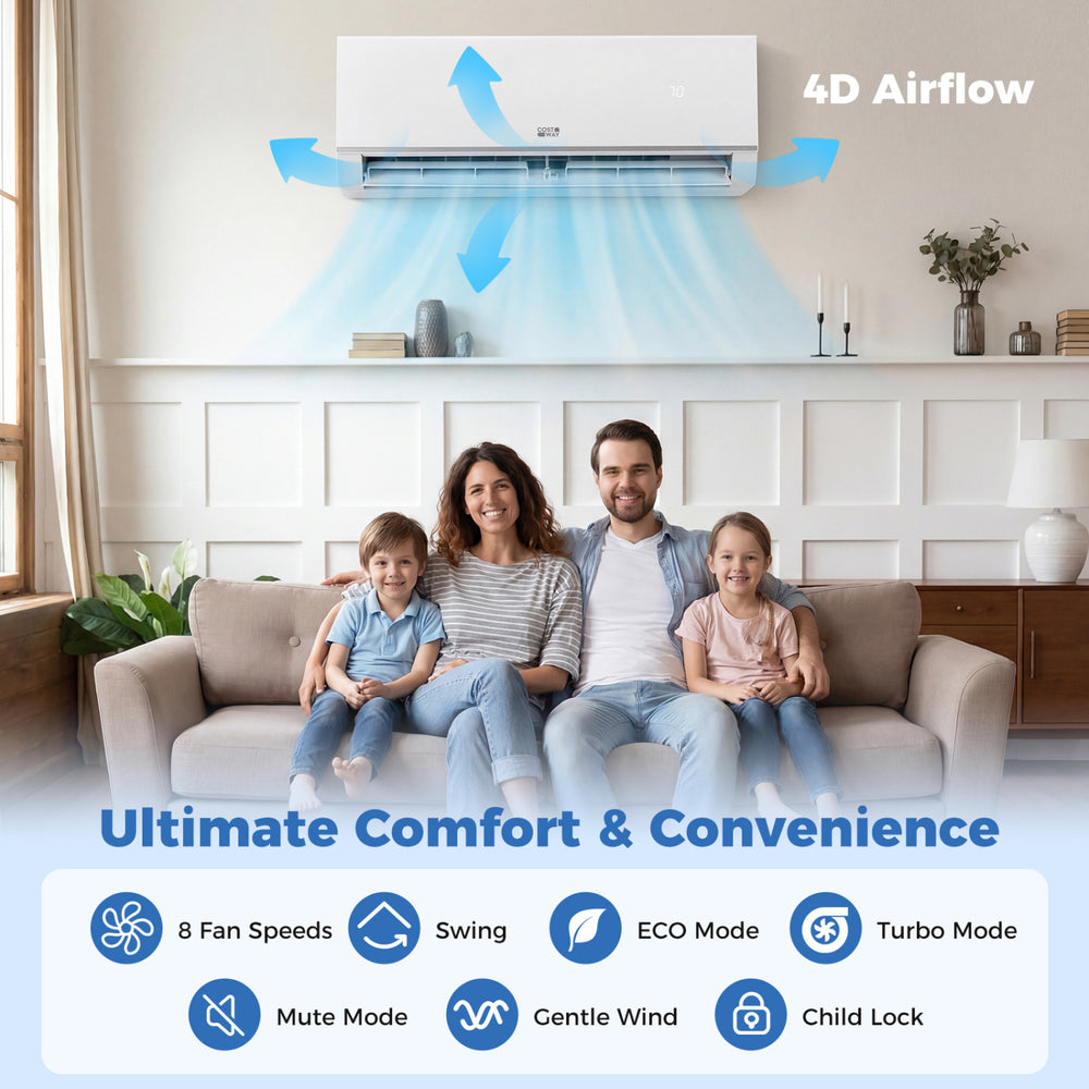 Family enjoying the Blast Pro Series 9000 BTU mini split air conditioner with 4D airflow for year-round comfort.