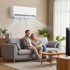Mini split air conditioner and heater with inverter technology, shown in a cozy living room setting for year-round.