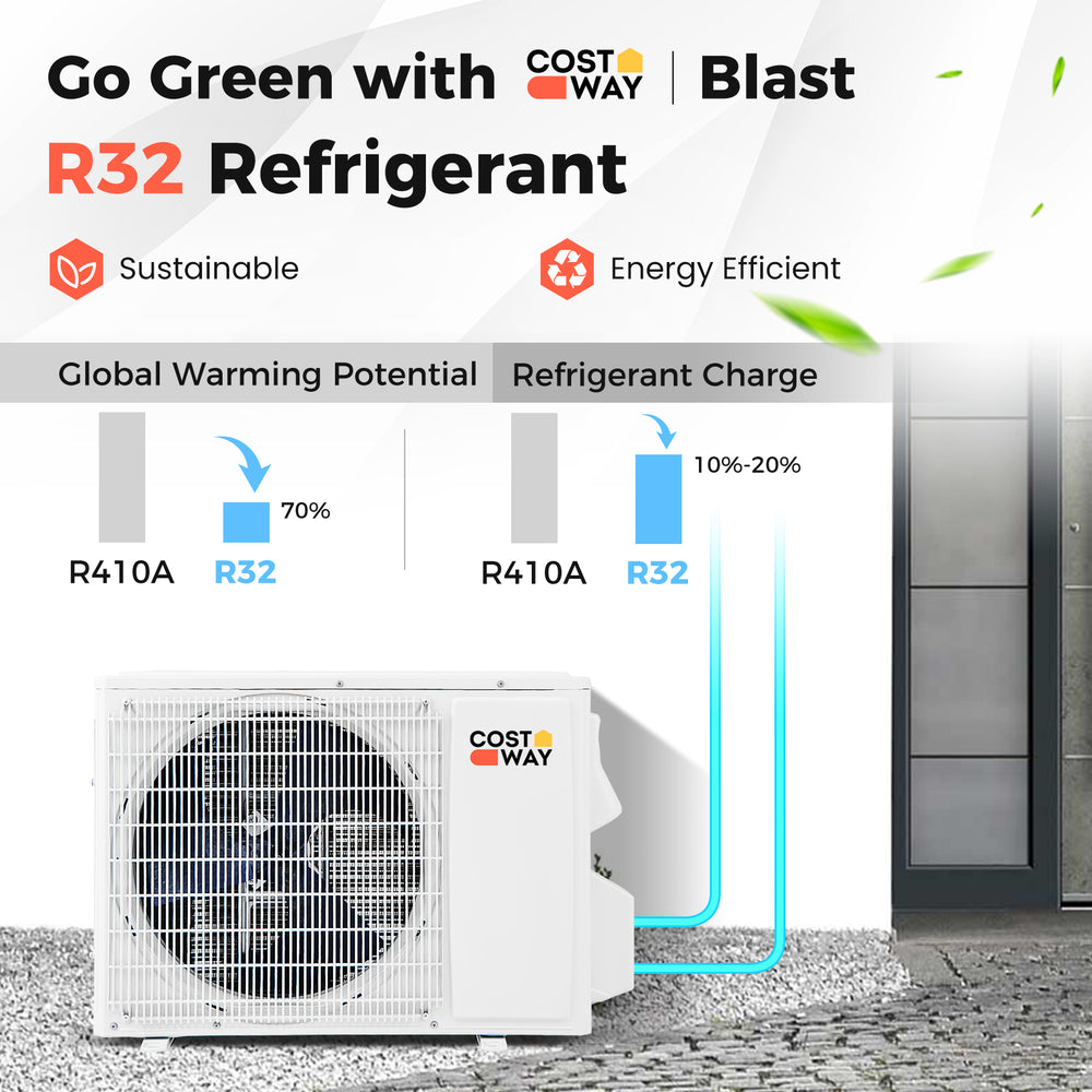 Ductless mini split air conditioner and heater with R32 refrigerant, 9000 BTU, for efficient cooling and heating up to.