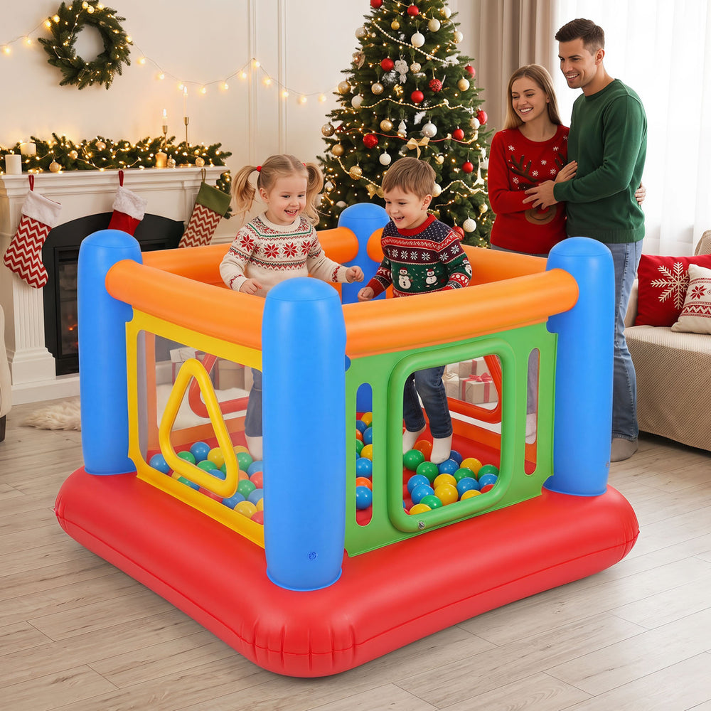 Colorful inflatable jumping house for kids with transparent side walls, ideal for indoor and outdoor play.