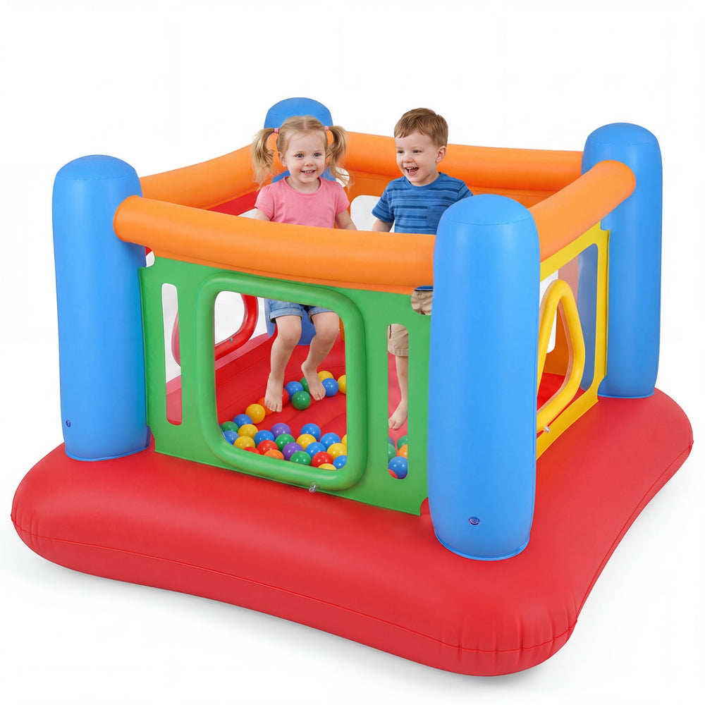 Colorful inflatable jumping house for kids with transparent side walls, featuring a playpen and ball pit for indoor and.