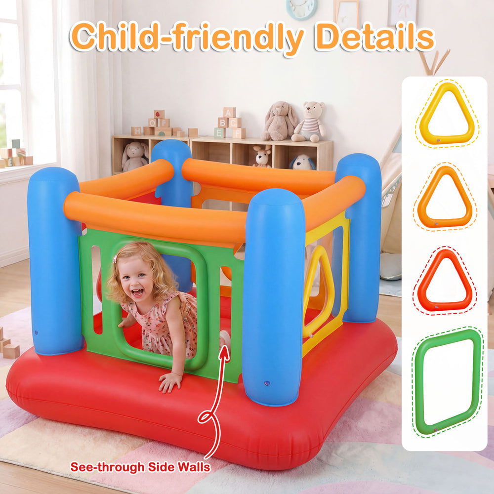 Inflatable jumping house for kids with transparent side walls, crafted from thickened PVC for indoor and outdoor fun.