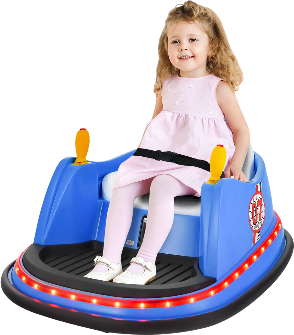 Blue 12V electric kids ride-on bumper car with flashing lights, adjustable safety belt, and dual joysticks for toddlers.