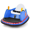 Blue 12V electric kids bumper car with flashing lights, dual joysticks, and adjustable safety belt for toddlers.