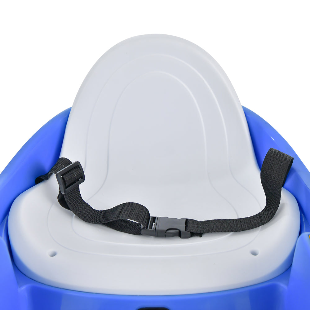 Blue seat of a 12V electric kids ride-on bumper car with adjustable safety belt for toddlers aged 2-5 years.