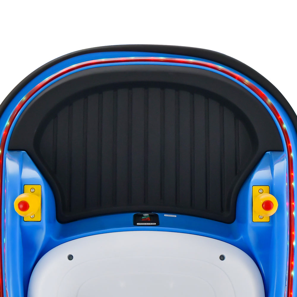 Top view of the blue 12V electric kids ride-on bumper car with a wide seat, backrest, and flashing lights for toddlers.