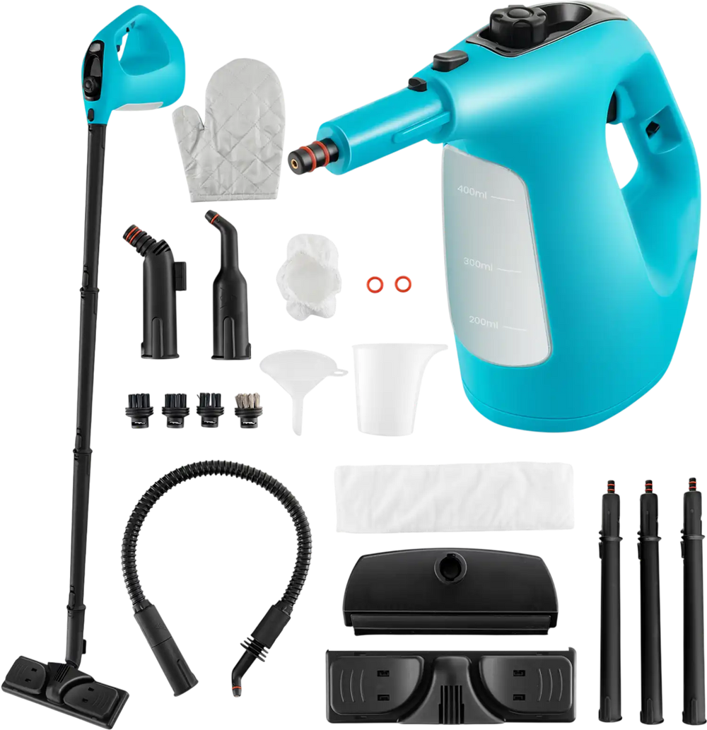 1400W handheld steam cleaner in blue with 14-piece accessory kit, ergonomic handle, and safety lock for versatile.