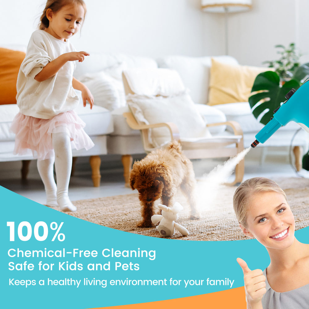 1400W handheld steam cleaner in blue with child lock, showcasing safe, chemical-free cleaning for kids and pets.